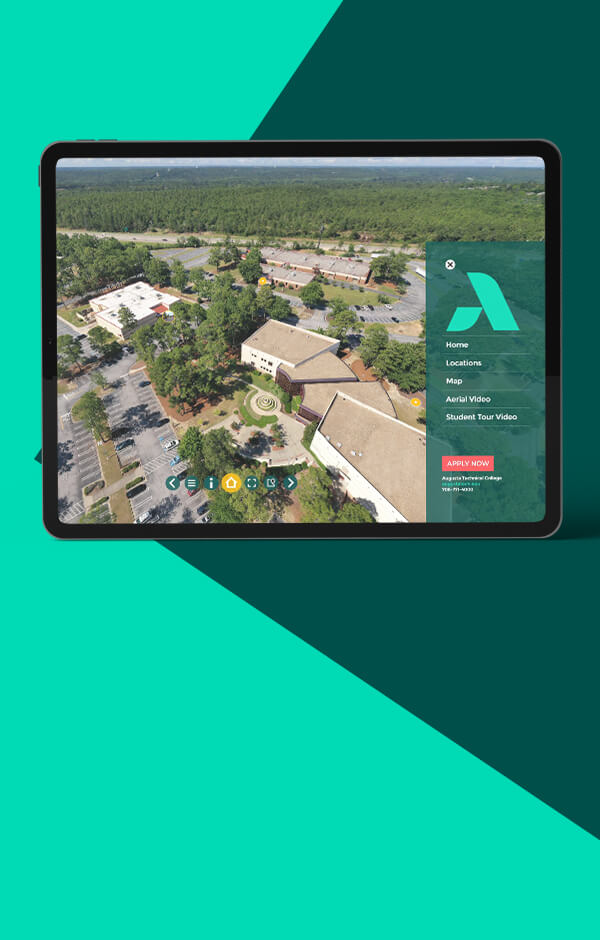 Tablet displaying an image of drone footage capturing Augusta Technical College's campus