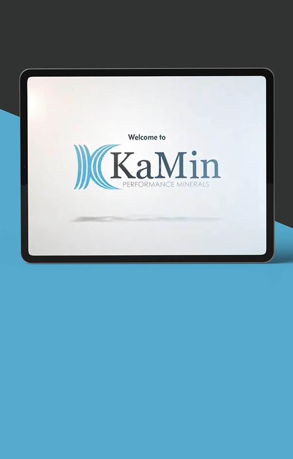 Tablet displaying a welcome image for KaMin Performance Minerals